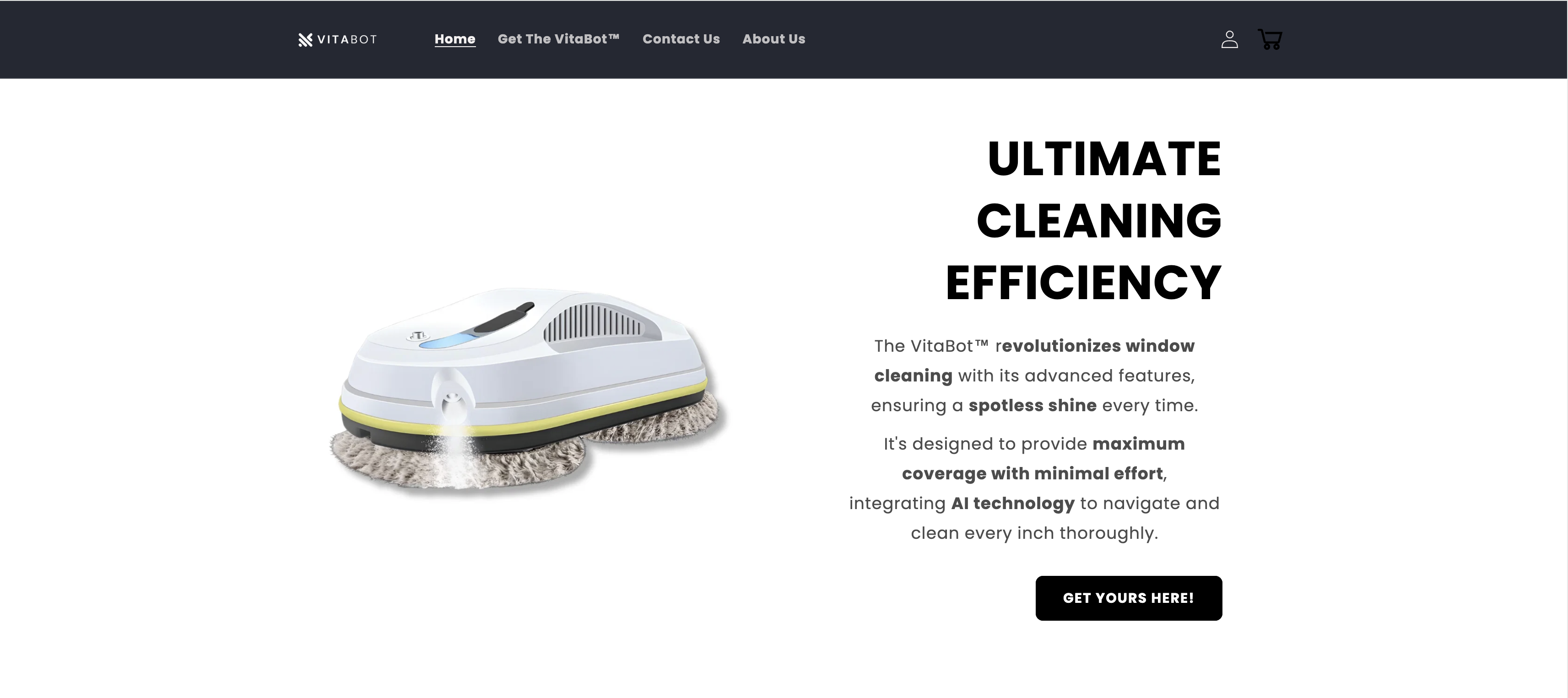 VitaBot single-product landing page with automated window cleaner and conversion copy