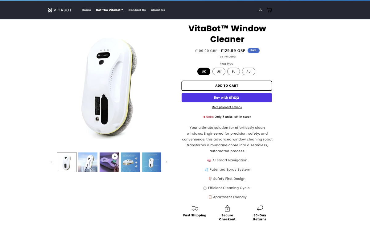 VitaBot product page with plug selection, offer, stock urgency and purchase controls