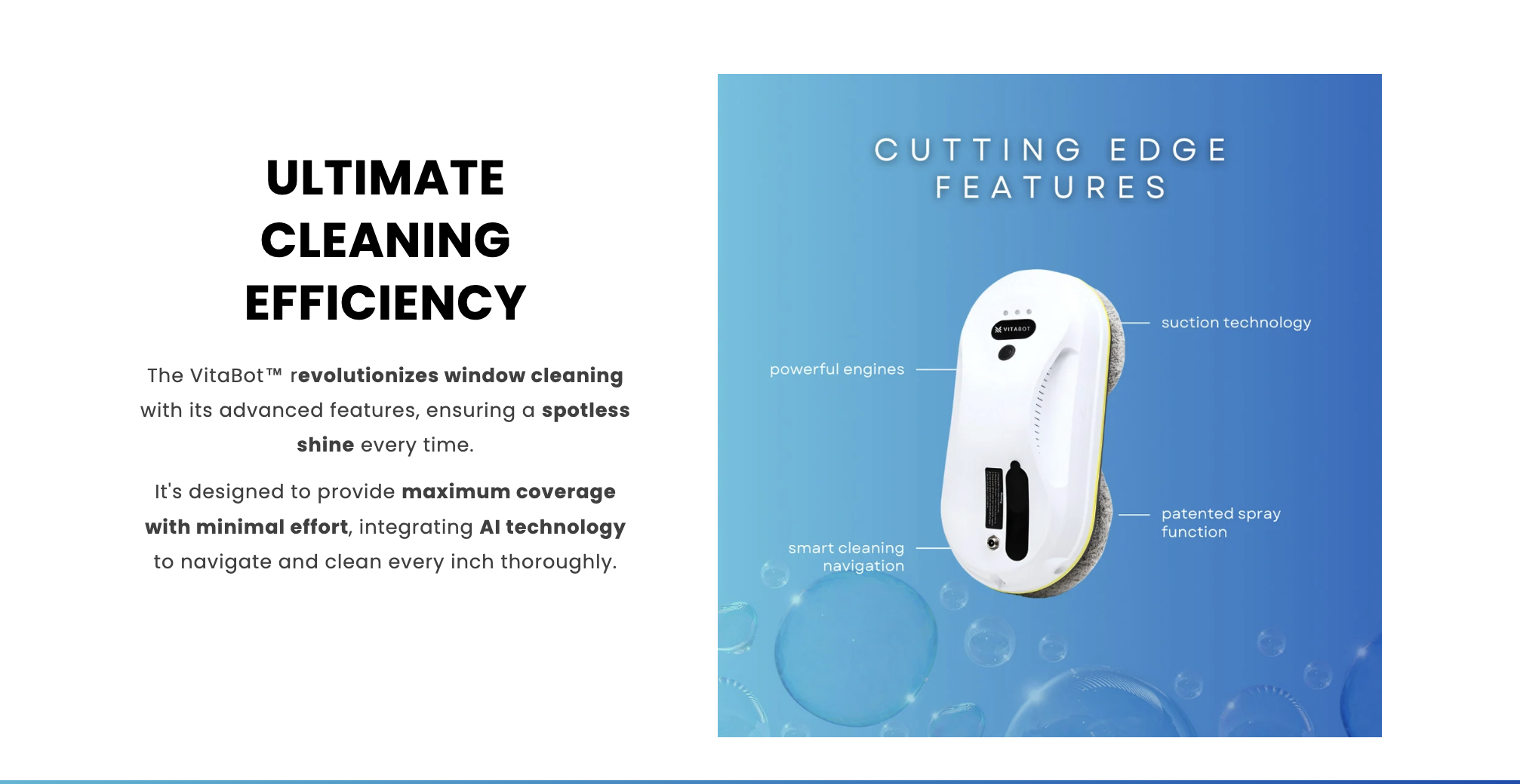 VitaBot feature architecture graphic explaining suction, navigation and spray technology