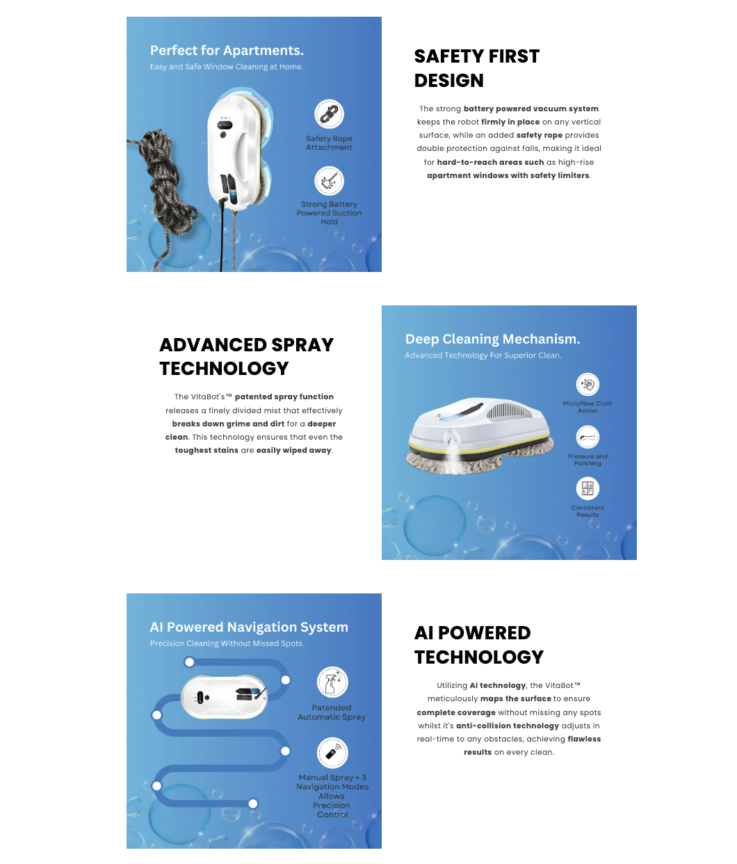 VitaBot long-form product education modules explaining safety, spray technology and AI navigation