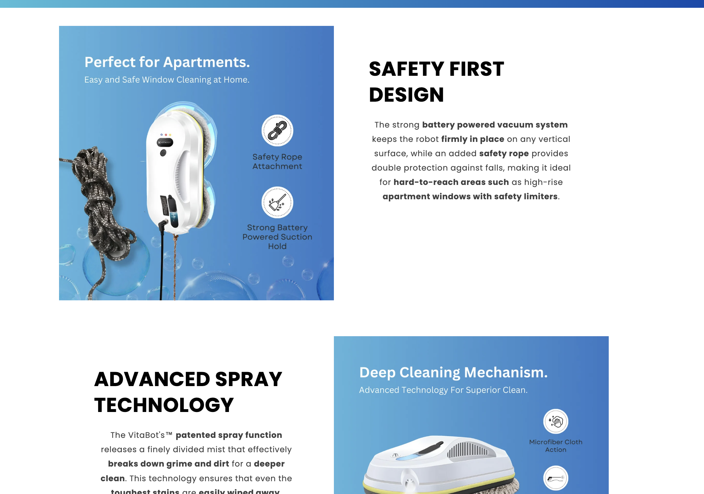VitaBot safety-first product section showing tether and suction system