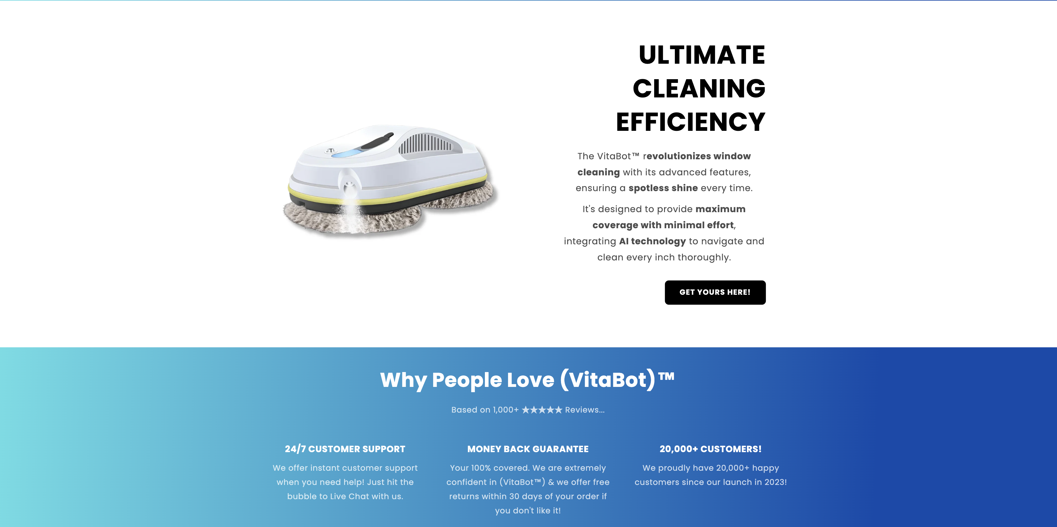 VitaBot conversion section with CTA, customer support, guarantee and customer proof